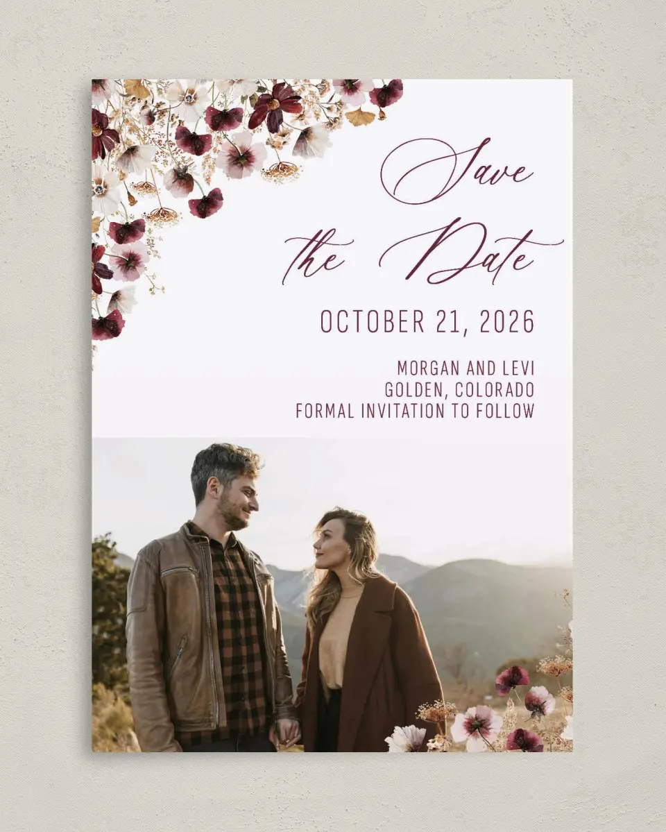 This is a 5" x 7" Save the Date Card called Harvest Meadows printed in full color on Premium Smooth paper