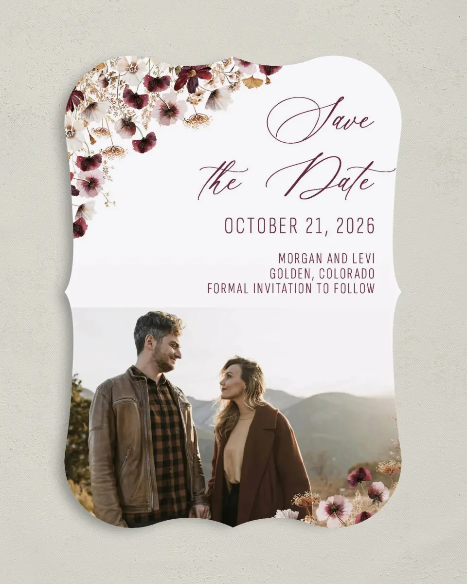 This is a 5" x 7" Save the Date Card called Harvest Meadows printed in full color on Premium Smooth paper