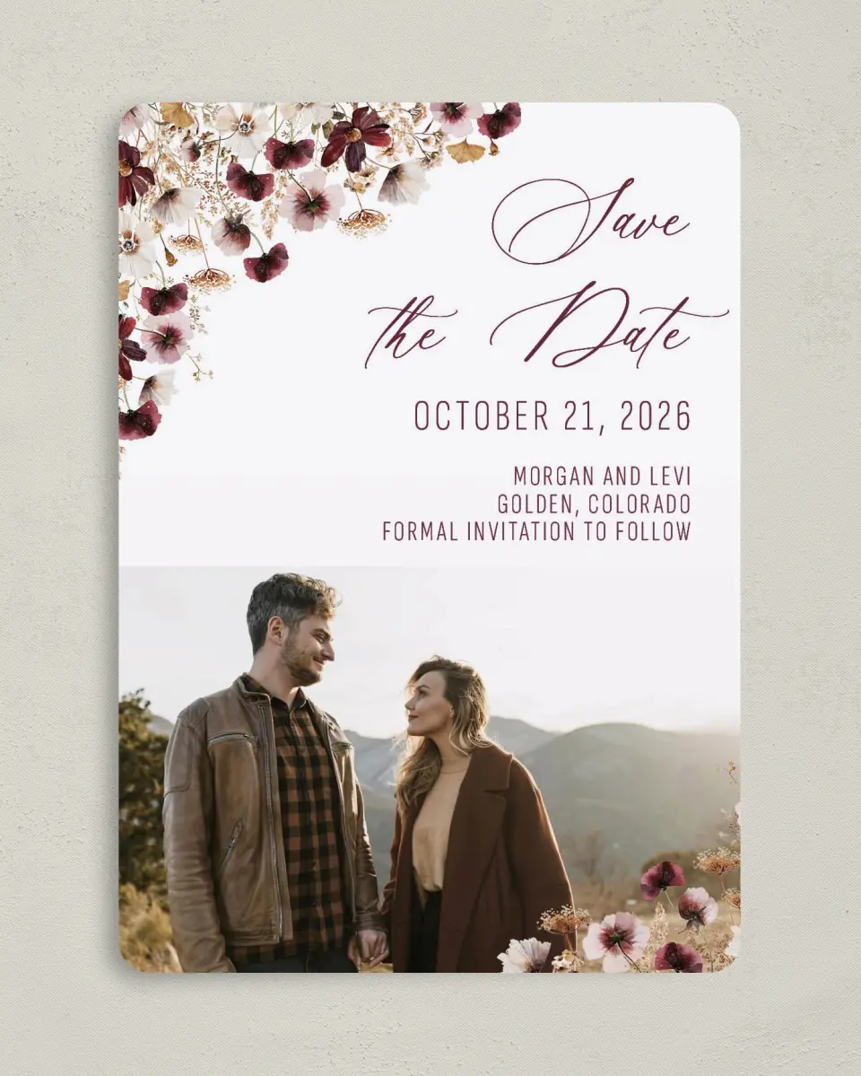 This is a 5" x 7" Save the Date Card called Harvest Meadows printed in full color on Premium Smooth paper