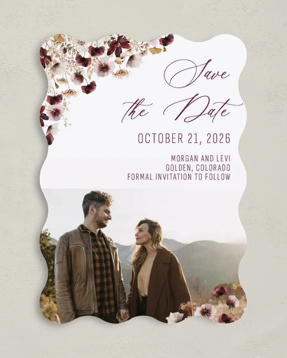 This is a 5" x 7" Save the Date Card called Harvest Meadows printed in full color on Premium Smooth paper