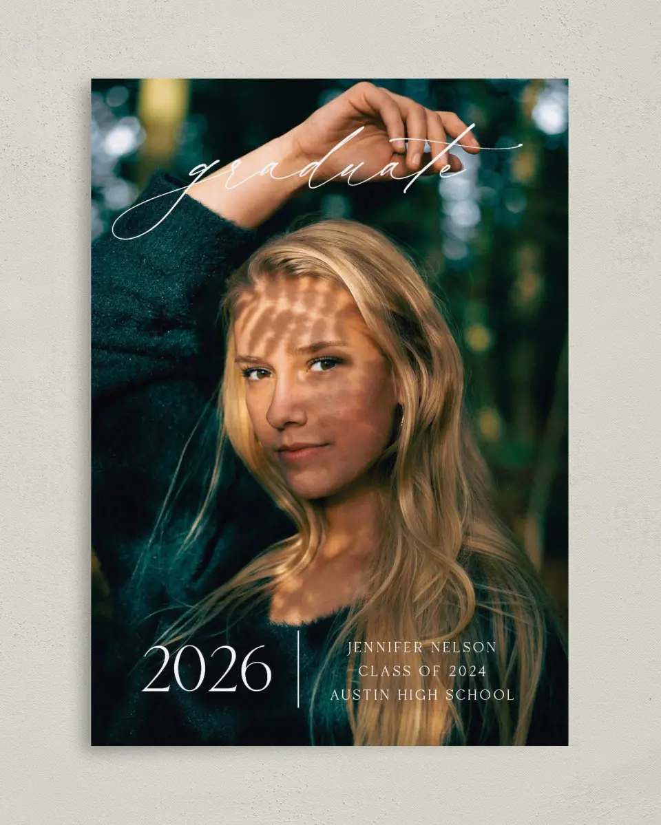 This is a 5" x 7" Graduation Announcement Card called Stunning Senior printed in full color with Rose Gold foil on Luxe Satin (coated) paper