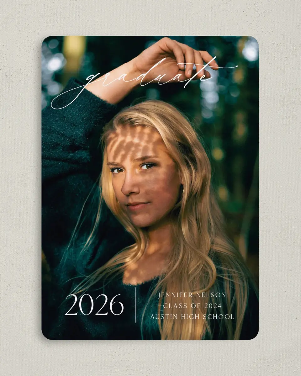 This is a 5" x 7" Graduation Announcement Card called Stunning Senior printed in full color on Premium Smooth paper
