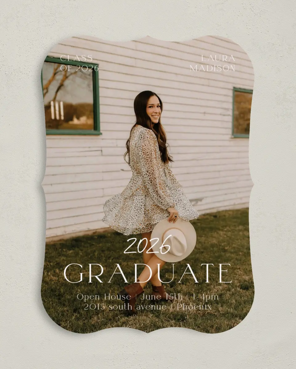 This is a 5" x 7" Graduation Announcement Card called New Beginnings printed in full color on Premium Smooth paper