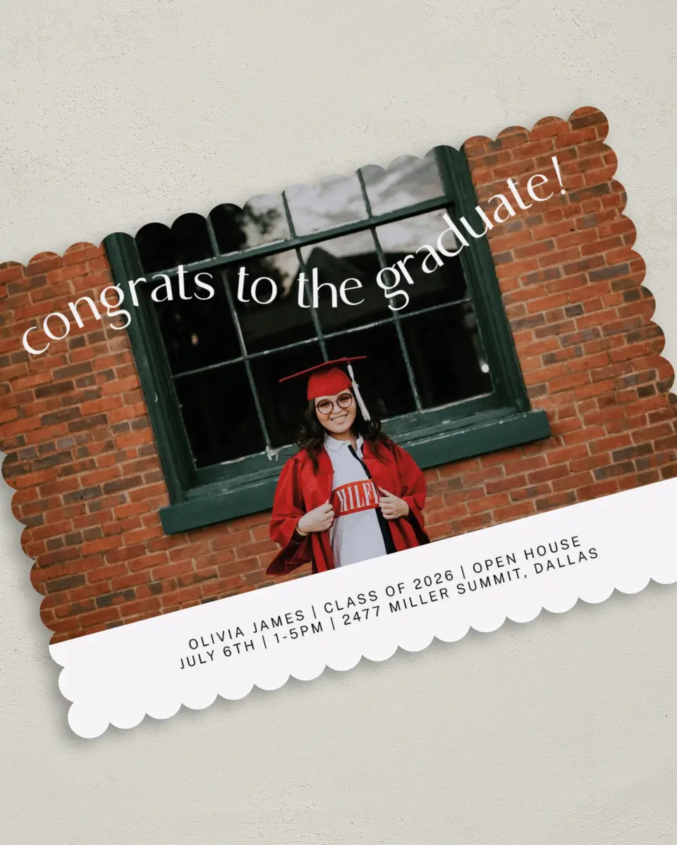 This is a 5" x 7" Graduation Announcement Card called Wavy Celebration printed in full color on Premium Smooth paper