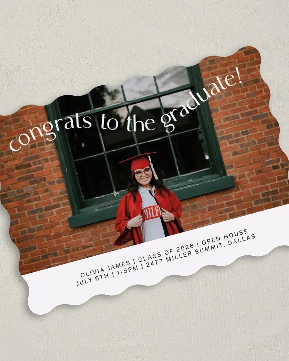 This is a 5" x 7" Graduation Announcement Card called Wavy Celebration printed in full color on Premium Smooth paper