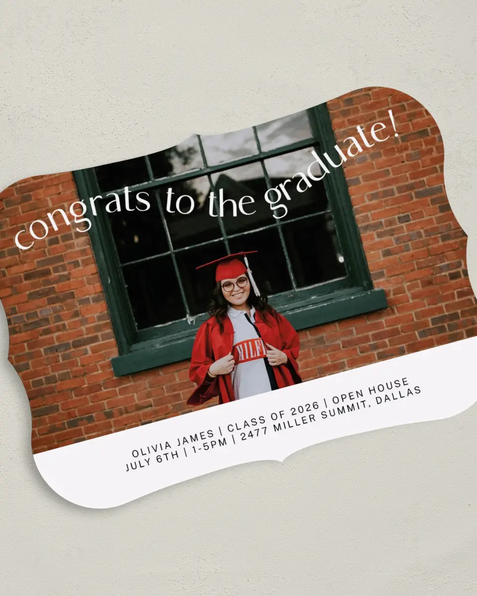 This is a 5" x 7" Graduation Announcement Card called Wavy Celebration printed in full color on Premium Smooth paper