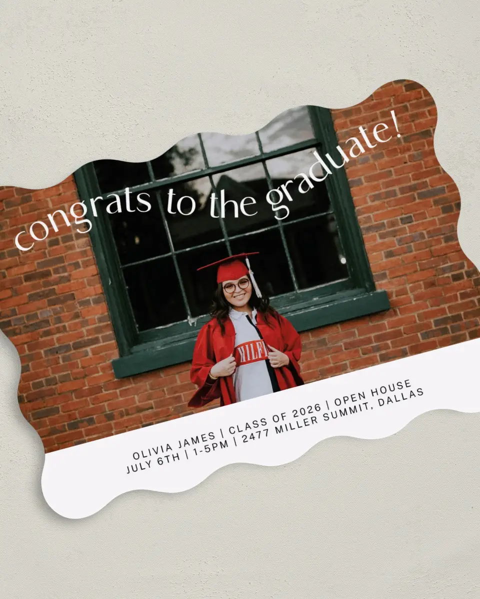 This is a 5" x 7" Graduation Announcement Card called Wavy Celebration printed in full color on Premium Smooth paper
