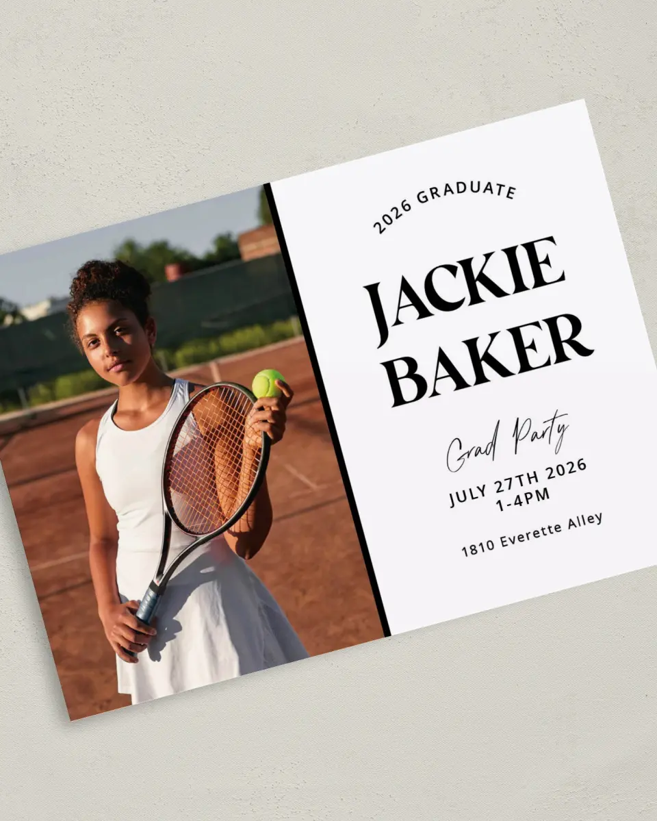 This is a 5" x 7" Graduation Announcement Card called Class Confidence printed in full color with Gold foil on Luxe Satin (coated) paper