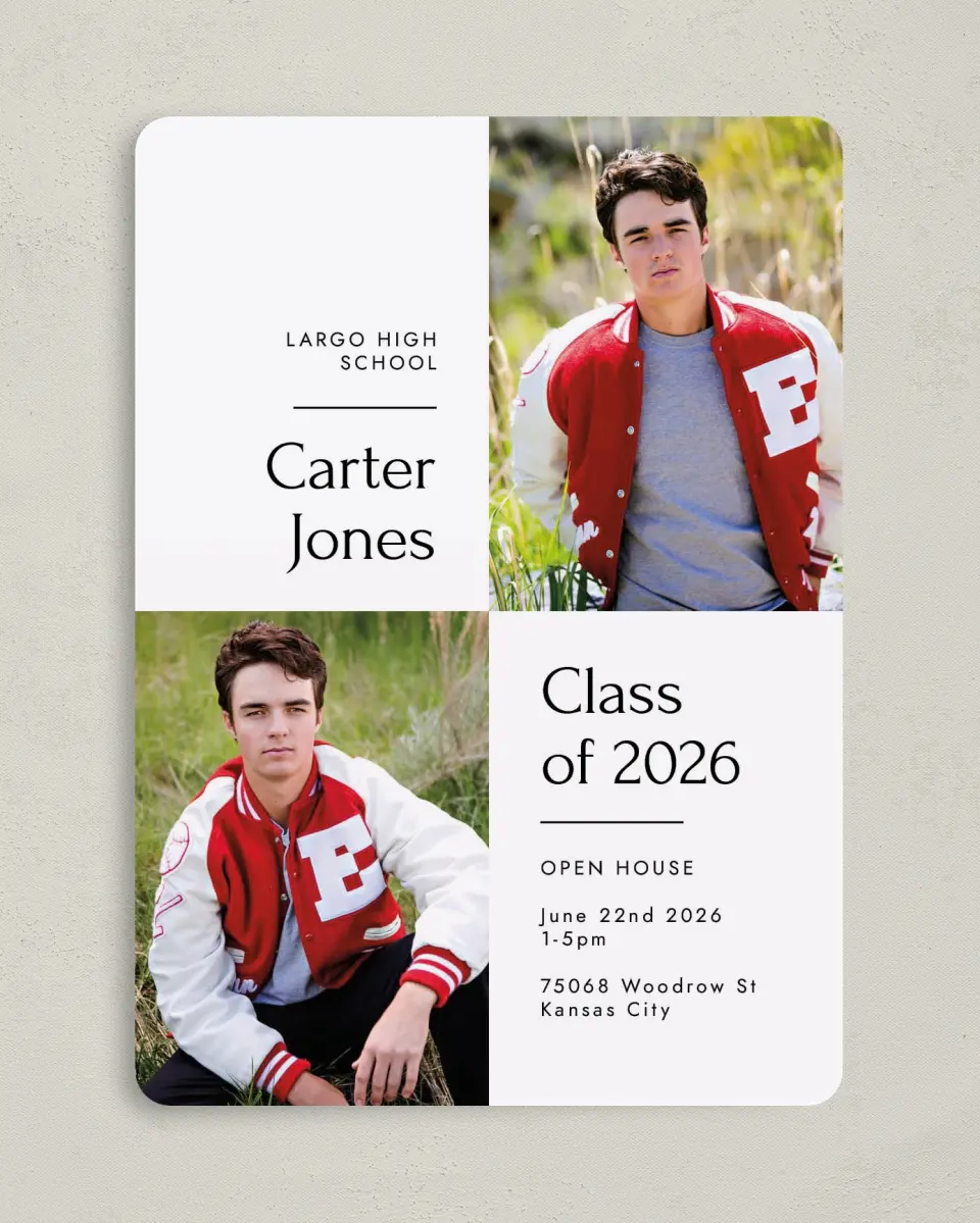 This is a 5" x 7" Graduation Announcement Card called Simple Grid Grad printed in full color on Premium Smooth paper