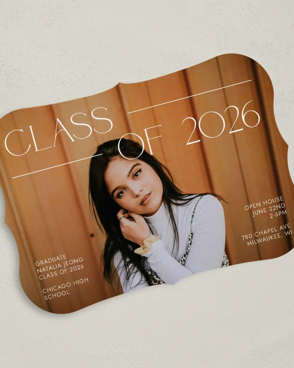 This is a 5" x 7" Graduation Announcement Card called All Eyes On Me printed in full color on Premium Smooth paper