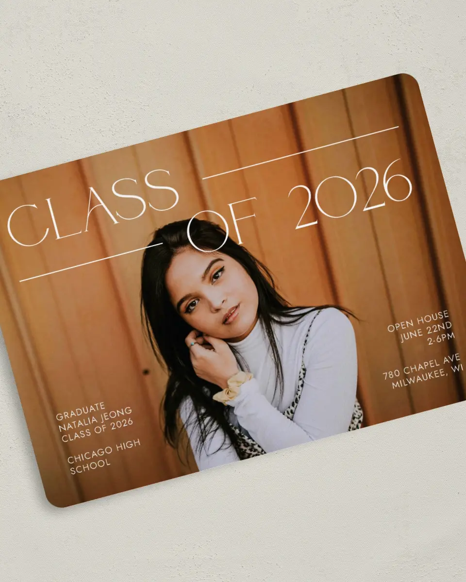 This is a 5" x 7" Graduation Announcement Card called All Eyes On Me printed in full color on Premium Smooth paper