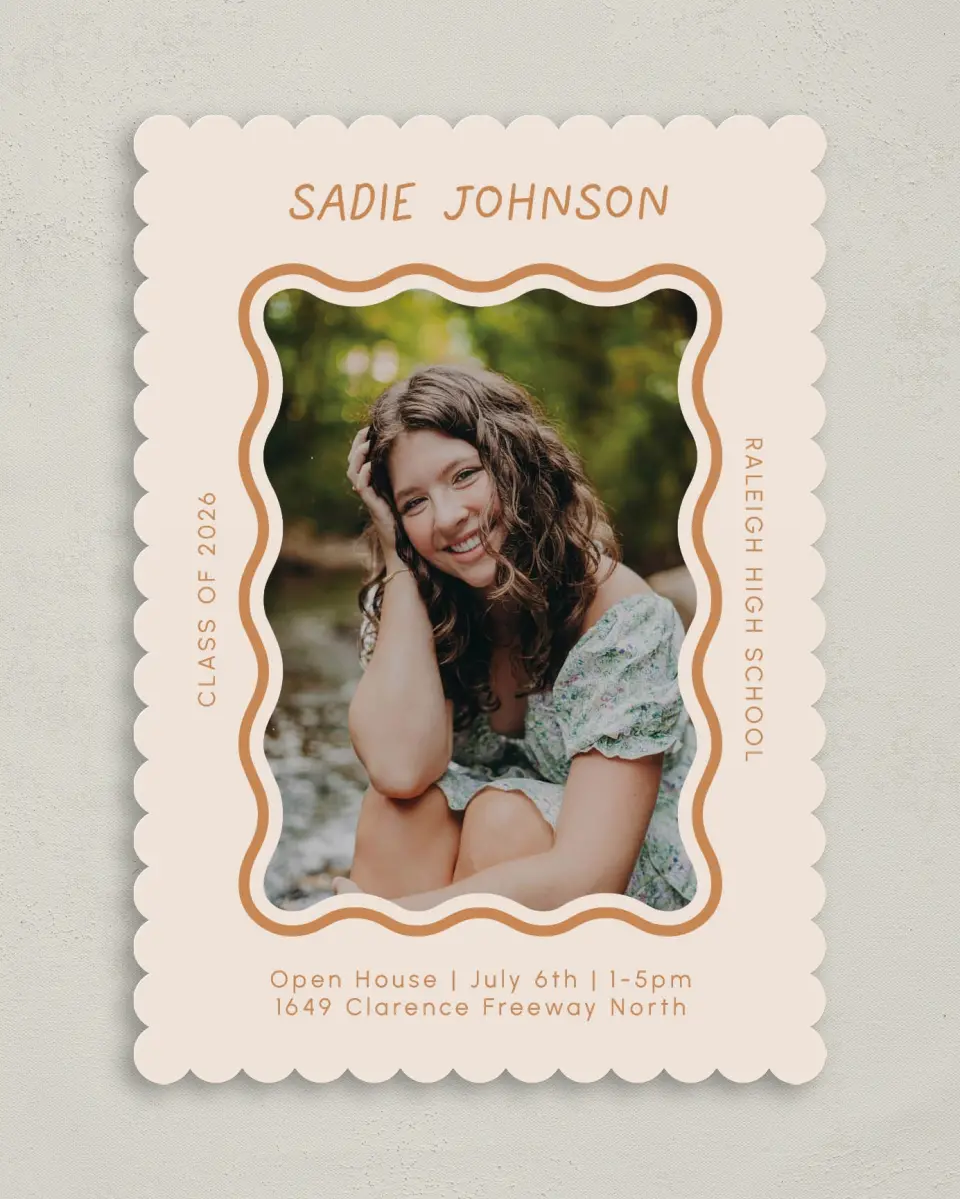 This is a 5" x 7" Graduation Announcement Card called Wavy Frame Fun printed in full color on Premium Smooth paper
