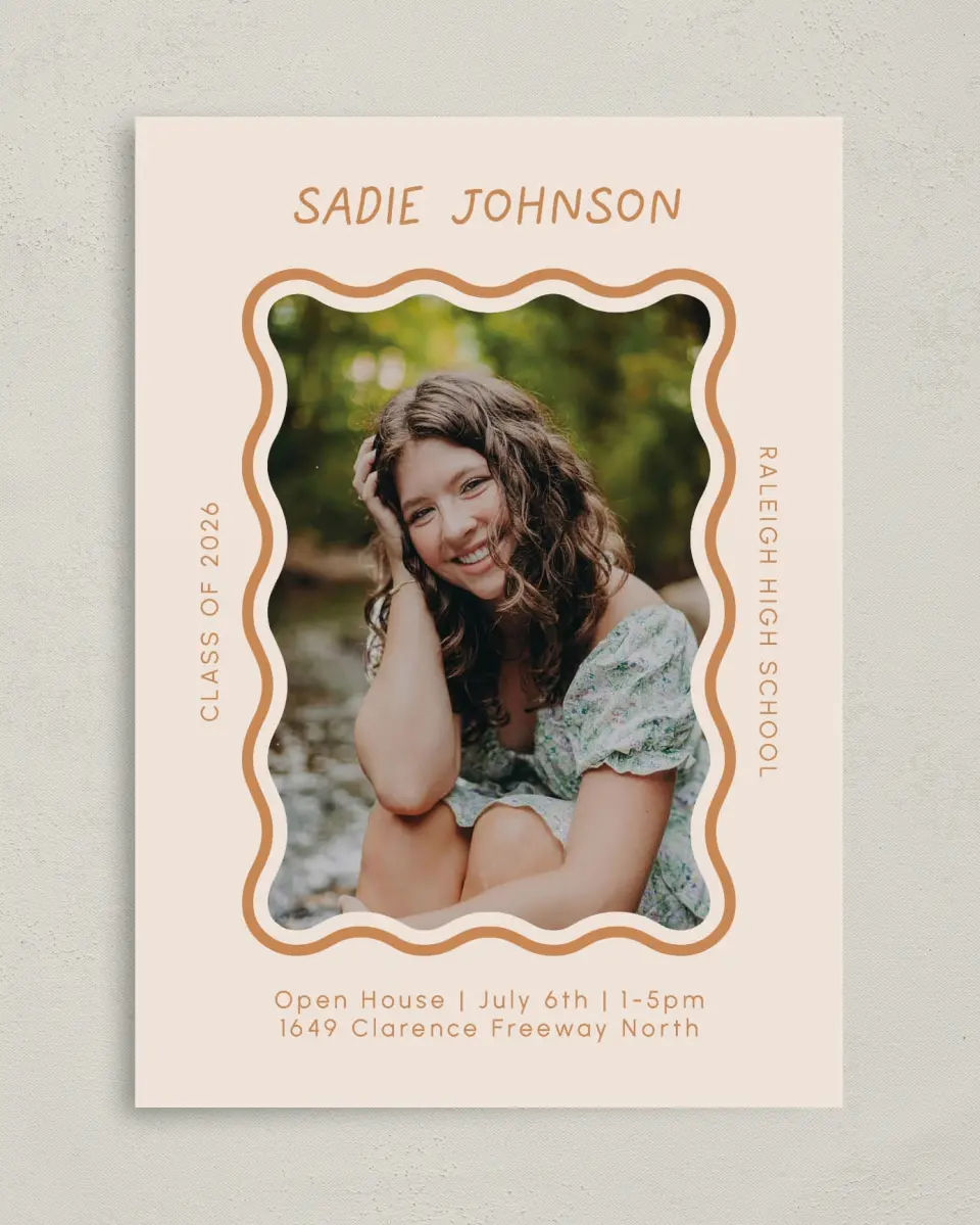 This is a 5" x 7" Graduation Announcement Card called Wavy Frame Fun printed in full color with Gold foil on Luxe Satin (coated) paper