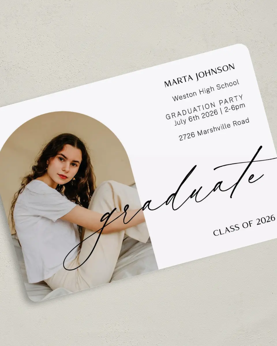 This is a 5" x 7" Graduation Announcement Card called Dainty Dreaming printed in full color on Premium Smooth paper