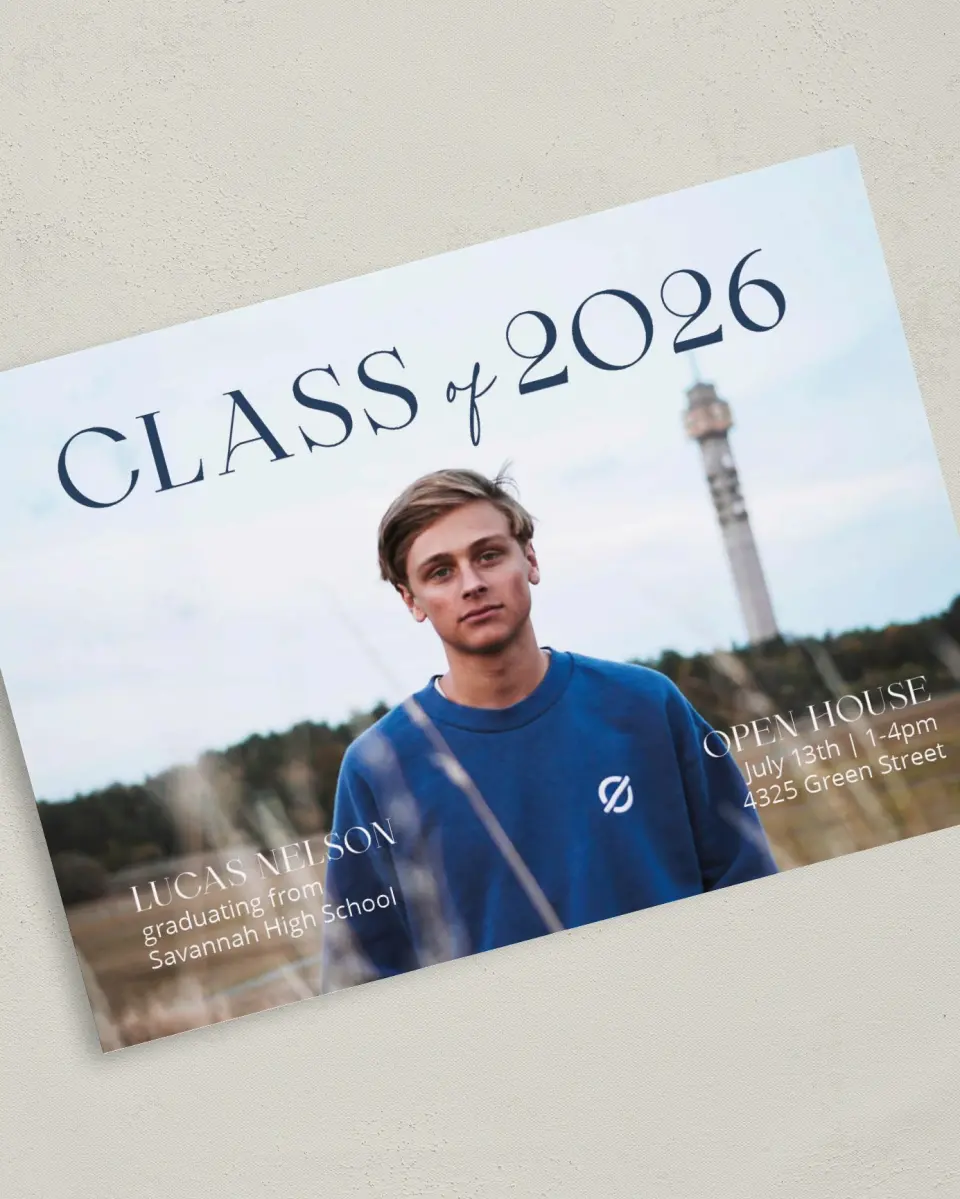 This is a 5" x 7" Graduation Announcement Card called Set Your Sights printed in full color on Premium Smooth paper