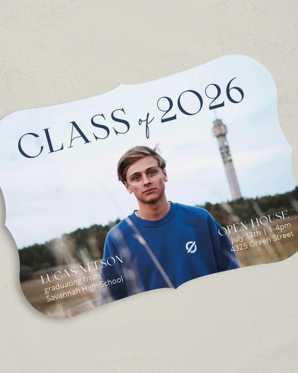 This is a 5" x 7" Graduation Announcement Card called Set Your Sights printed in full color on Premium Smooth paper
