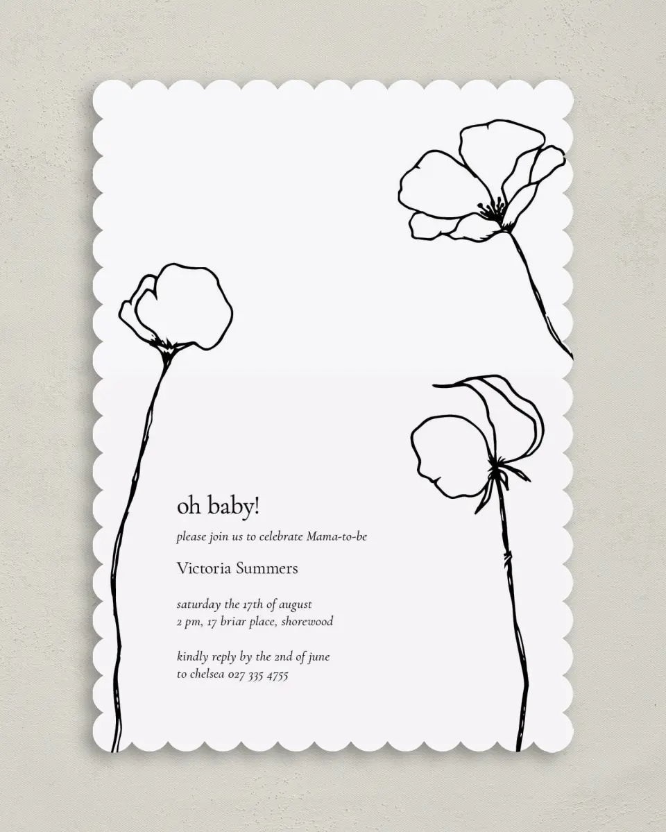 This is a 5" x 7" Baby Shower Invitation called Budding Poppies printed in full color on Premium Smooth paper
