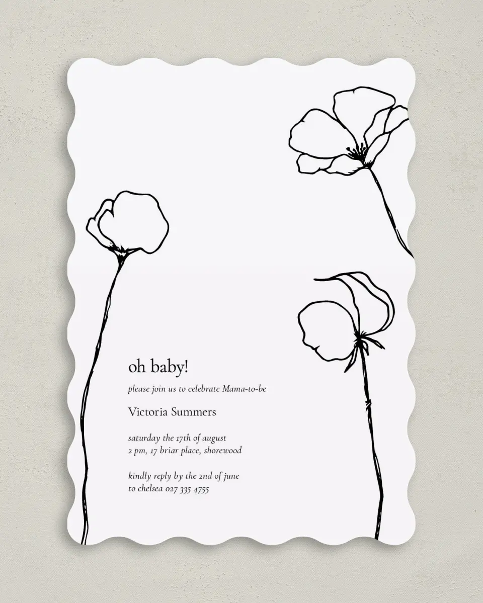 This is a 5" x 7" Baby Shower Invitation called Budding Poppies printed in full color on Premium Smooth paper