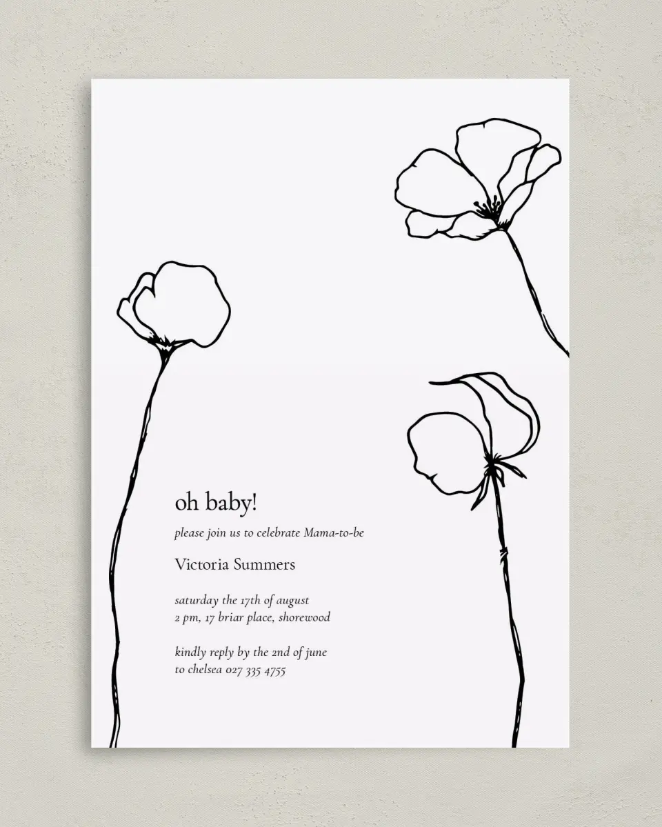 This is a 5" x 7" Baby Shower Invitation called Budding Poppies printed in full color on Premium Smooth paper