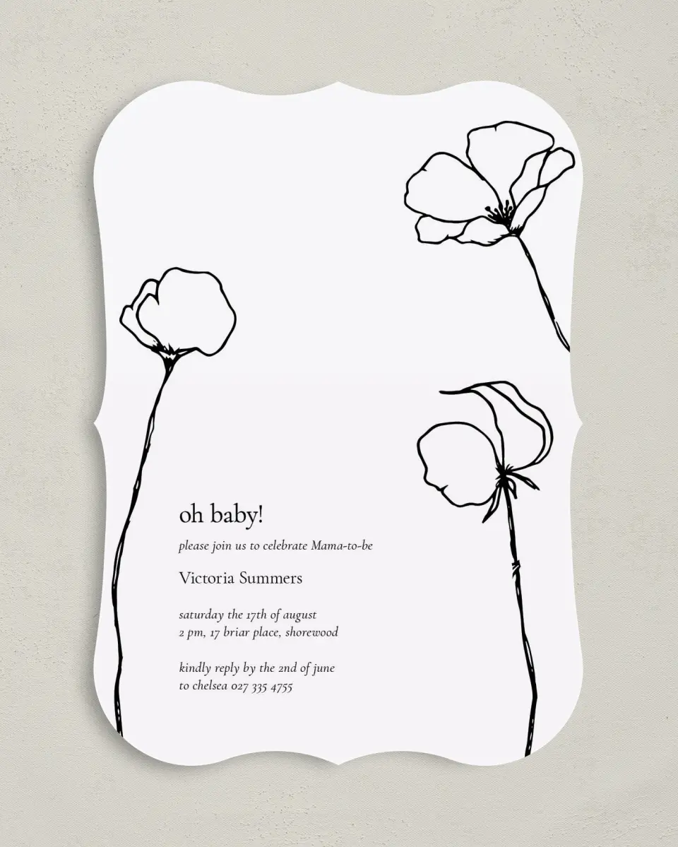 This is a 5" x 7" Baby Shower Invitation called Budding Poppies printed in full color on Premium Smooth paper