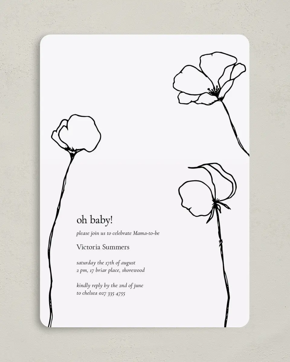 This is a 5" x 7" Baby Shower Invitation called Budding Poppies printed in full color on Premium Smooth paper