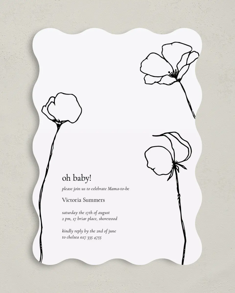 This is a 5" x 7" Baby Shower Invitation called Budding Poppies printed in full color on Premium Smooth paper