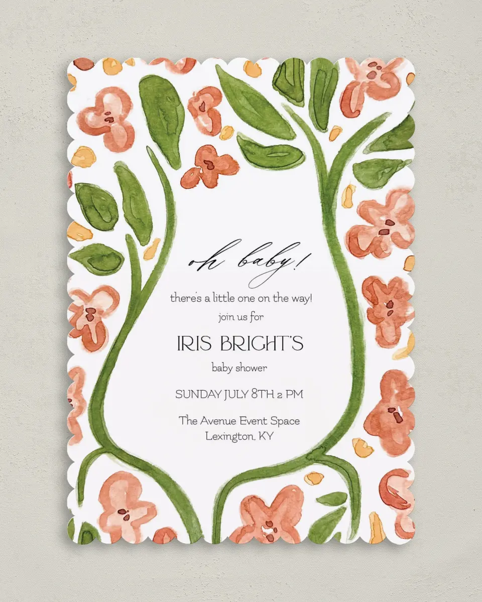 This is a 5" x 7" Baby Shower Invitation called Nursery Blooms printed in full color on Premium Smooth paper