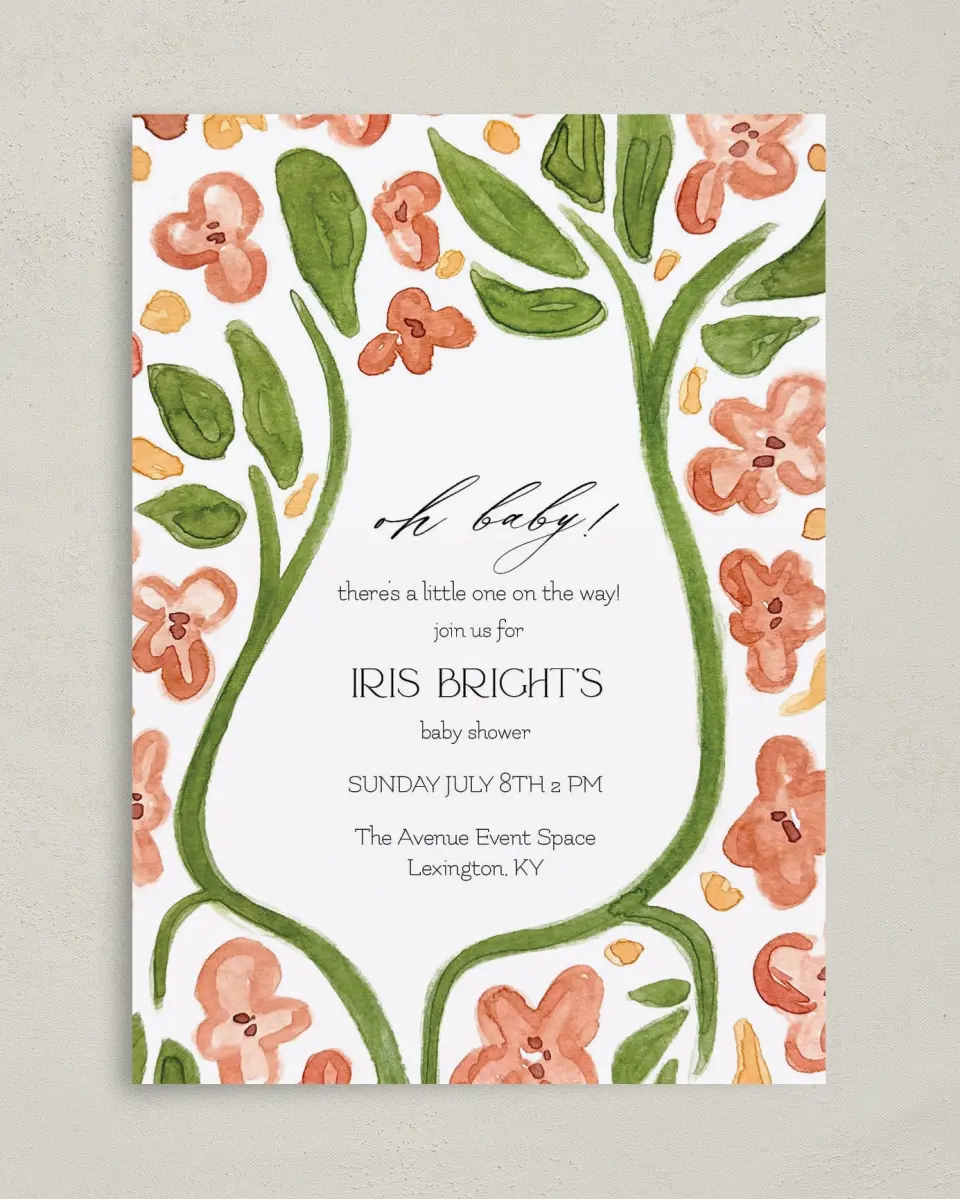 This is a 5" x 7" Baby Shower Invitation called Nursery Blooms printed in full color on Premium Smooth paper