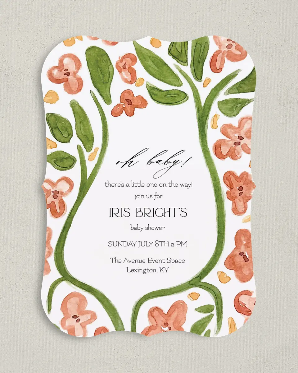 This is a 5" x 7" Baby Shower Invitation called Nursery Blooms printed in full color on Premium Smooth paper