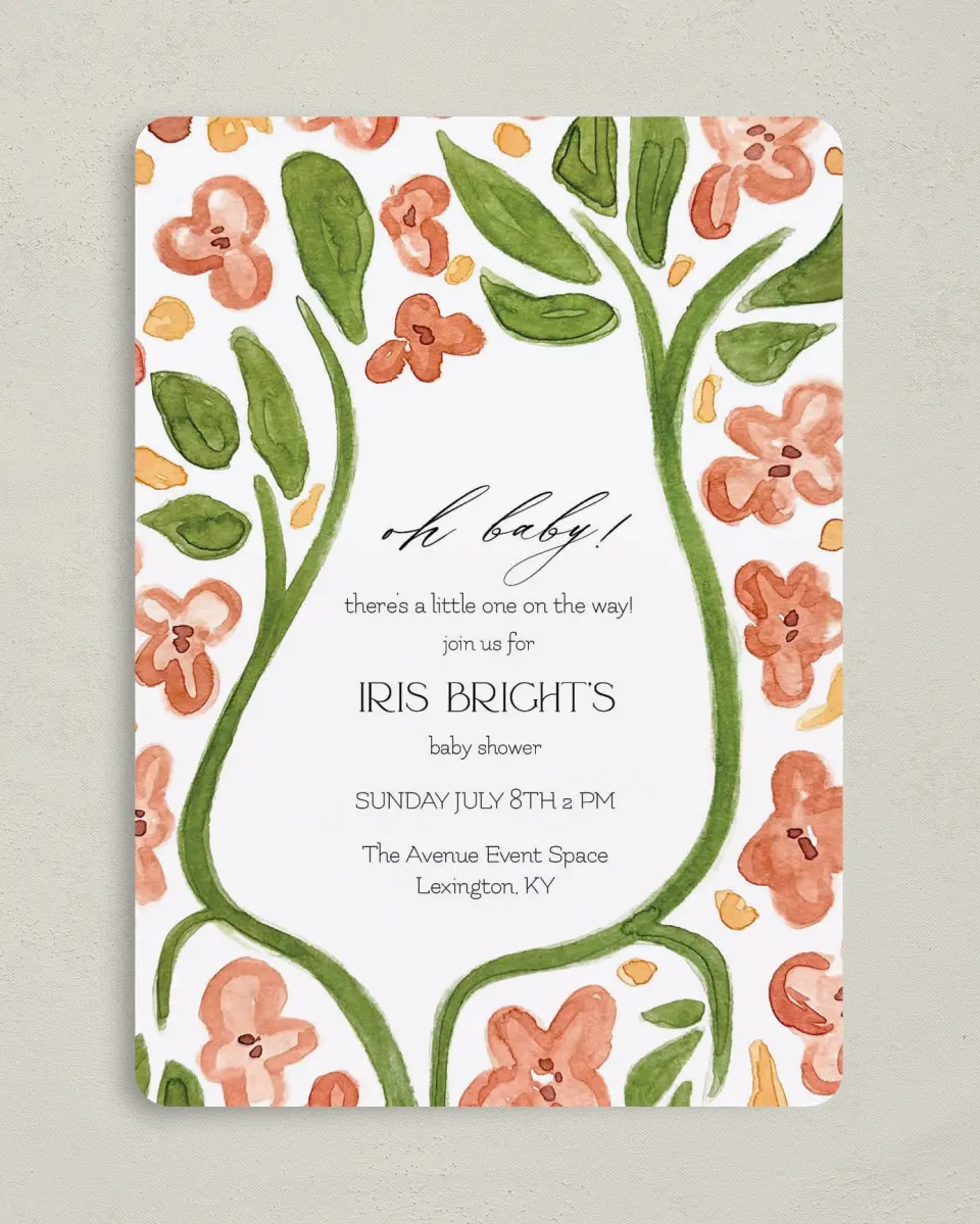 This is a 5" x 7" Baby Shower Invitation called Nursery Blooms printed in full color on Premium Smooth paper