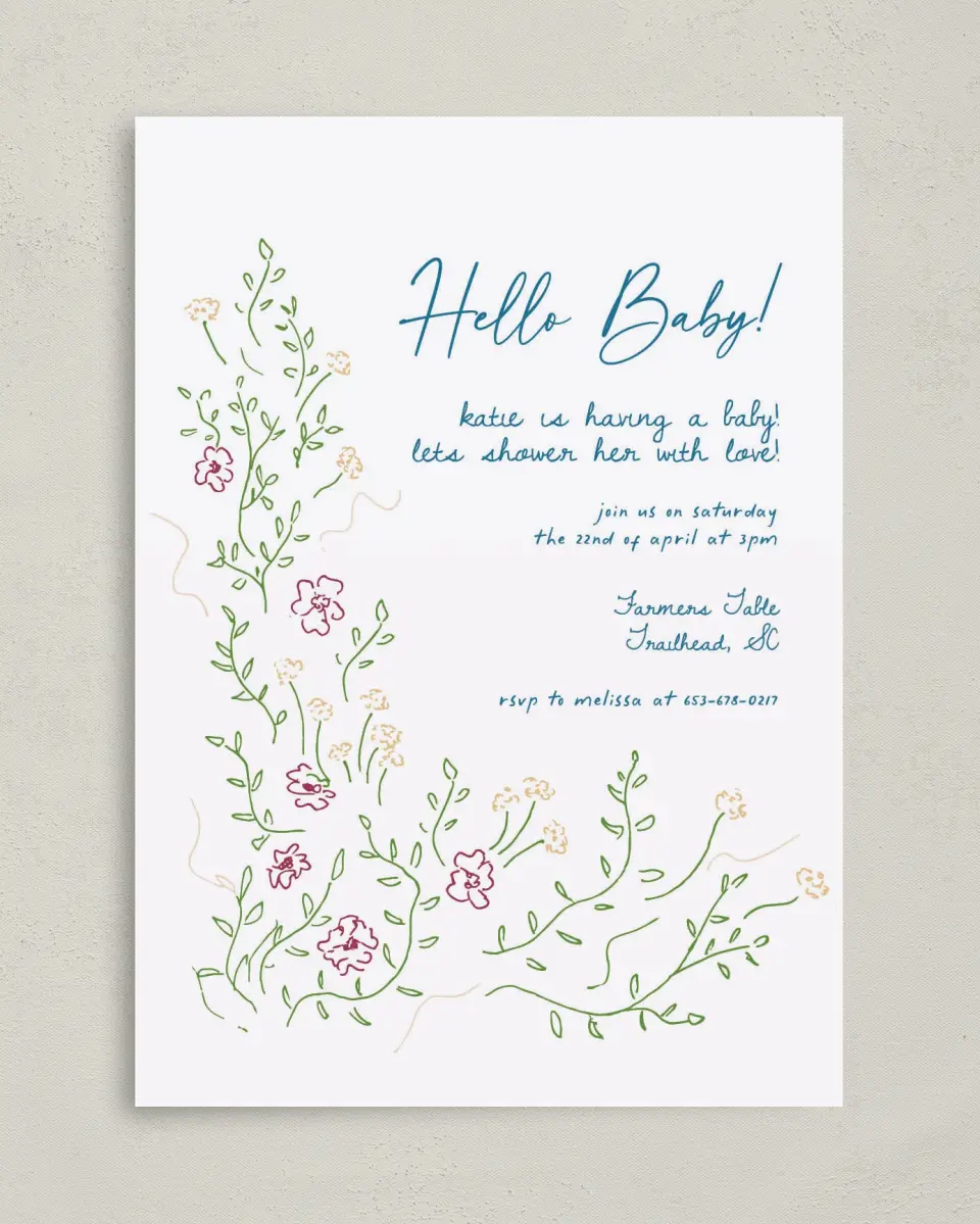 This is a 5" x 7" Baby Shower Invitation called Delicate Dreams printed in full color with Rose Gold foil on Luxe Satin (coated) paper