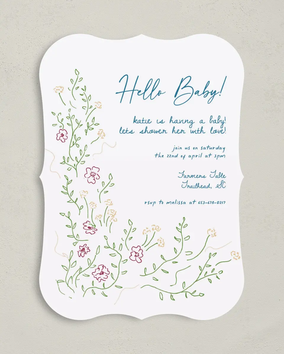 This is a 5" x 7" Baby Shower Invitation called Delicate Dreams printed in full color on Premium Smooth paper