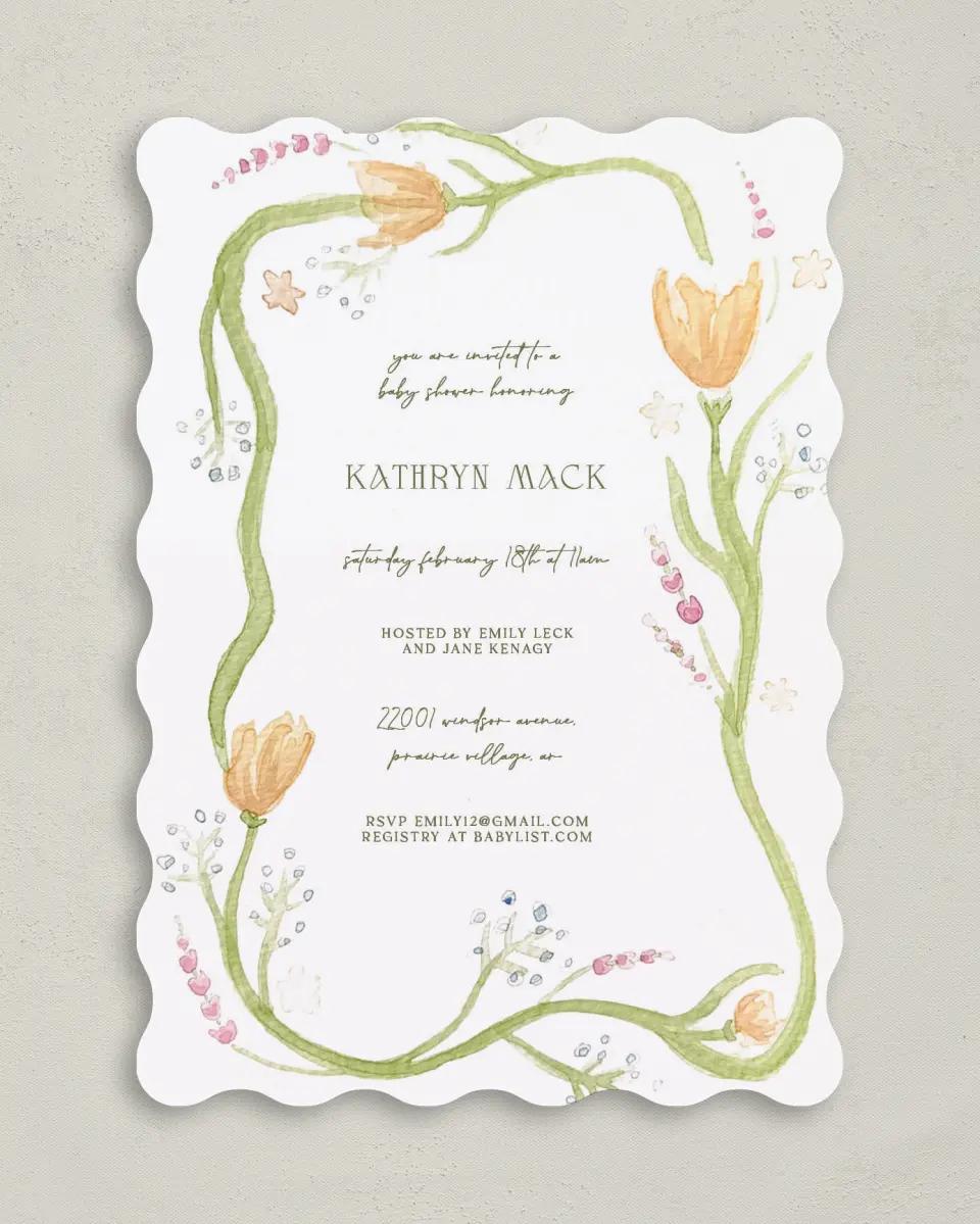 This is a 5" x 7" Baby Shower Invitation called Frilly Florals printed in full color on Premium Smooth paper