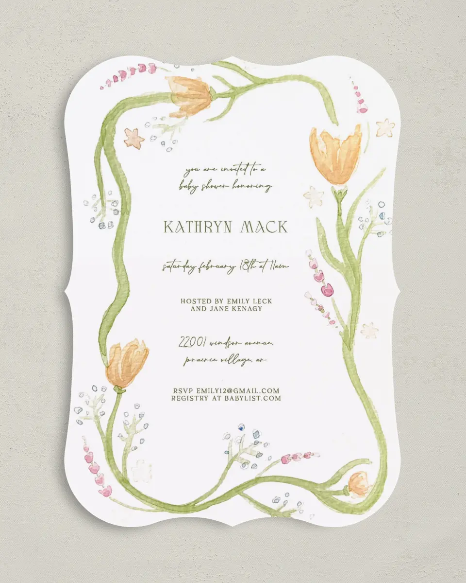 This is a 5" x 7" Baby Shower Invitation called Frilly Florals printed in full color on Premium Smooth paper