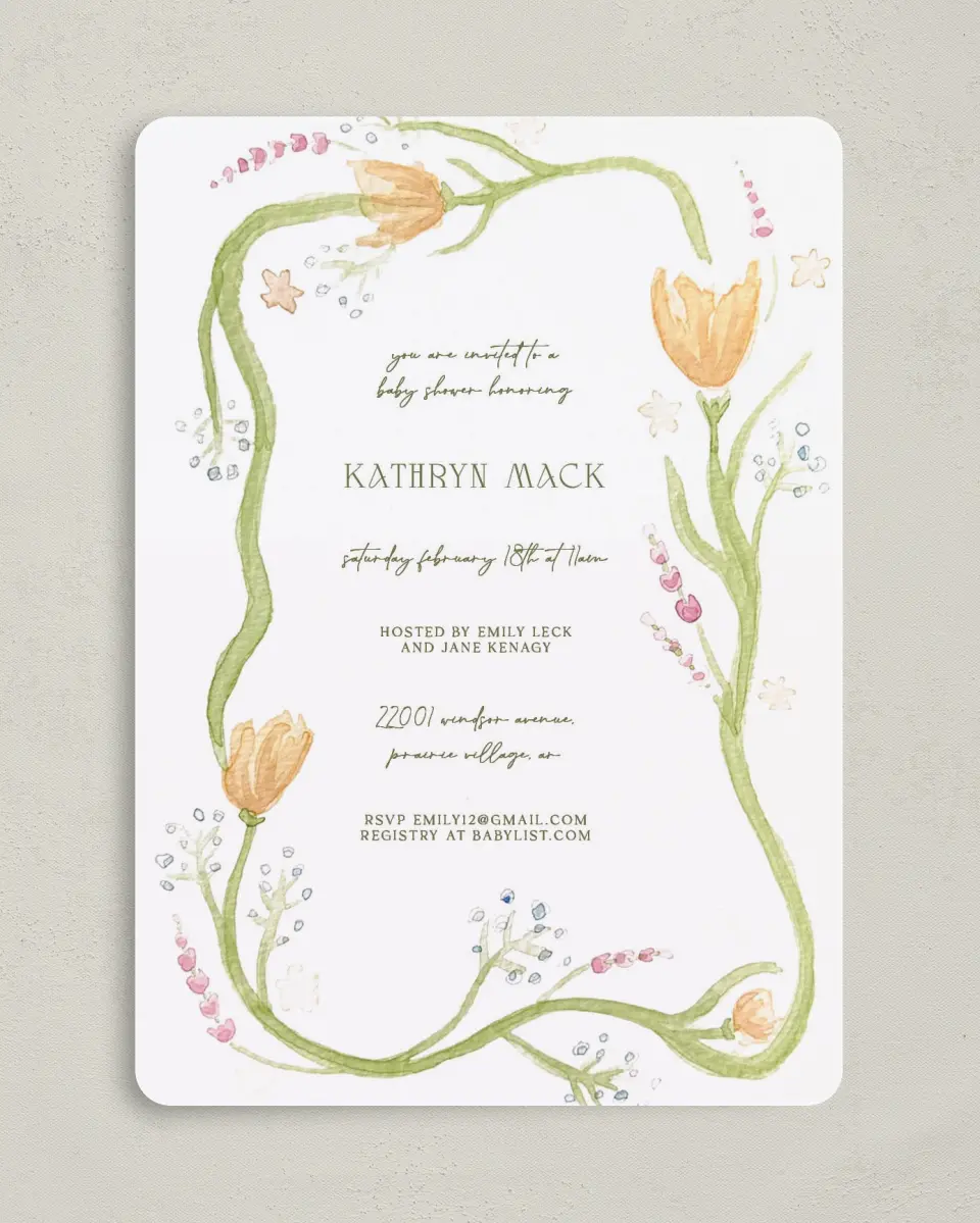 This is a 5" x 7" Baby Shower Invitation called Frilly Florals printed in full color on Premium Smooth paper