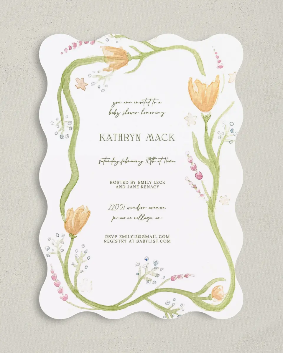 This is a 5" x 7" Baby Shower Invitation called Frilly Florals printed in full color on Premium Smooth paper
