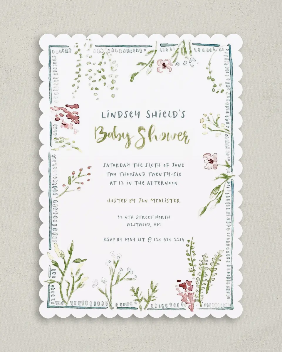 This is a 5" x 7" Baby Shower Invitation called Picking New Petals printed in full color on Premium Smooth paper