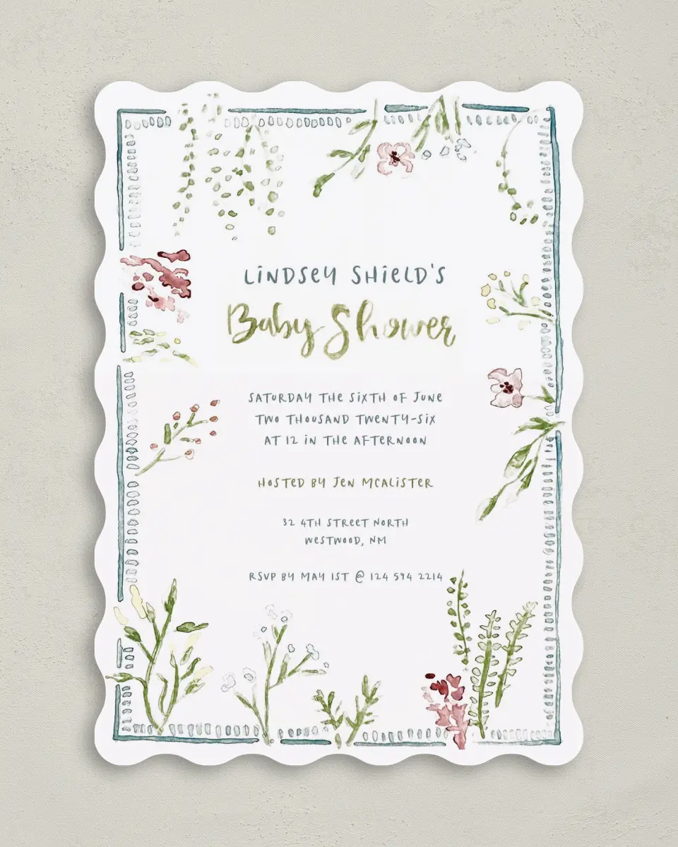 This is a 5" x 7" Baby Shower Invitation called Picking New Petals printed in full color on Premium Smooth paper