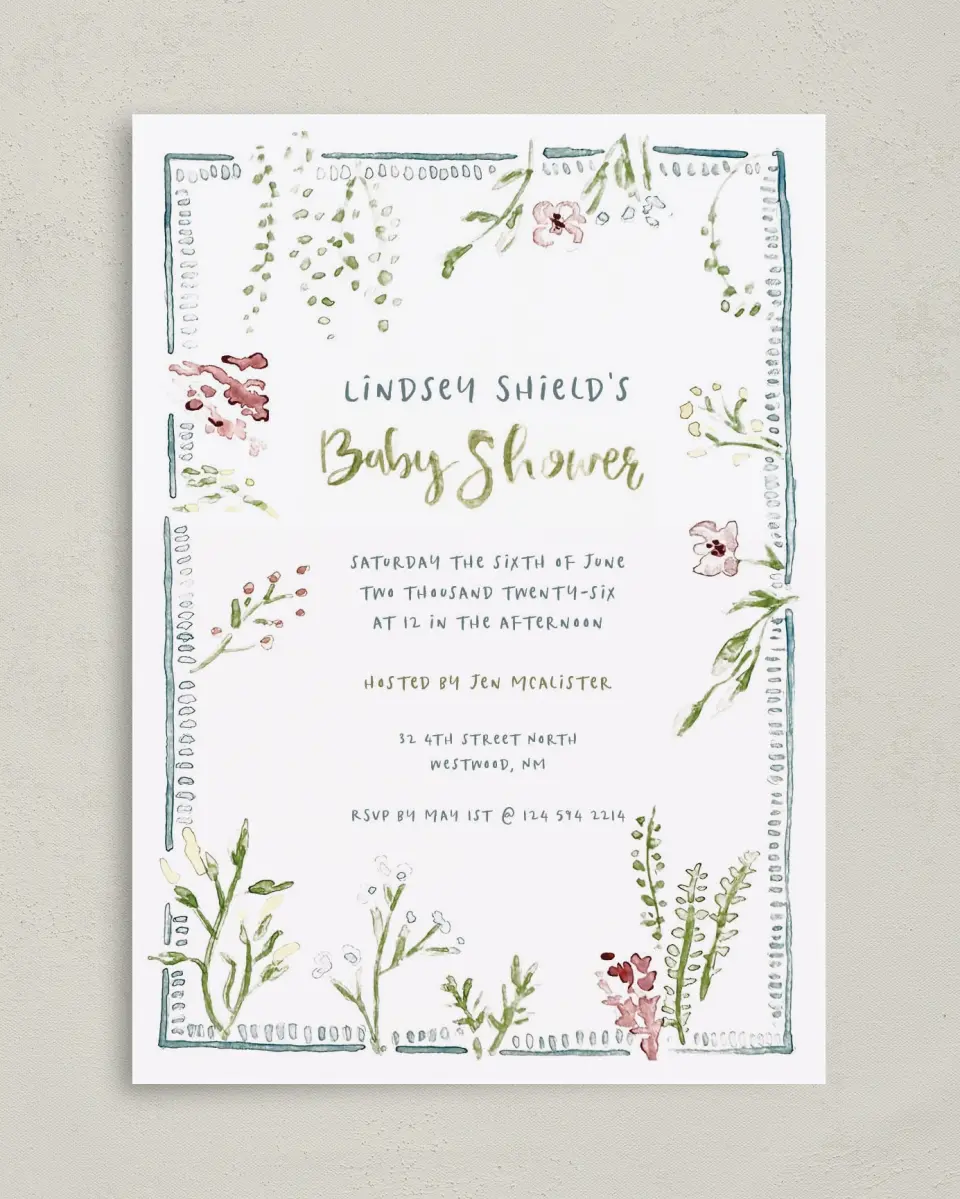 This is a 5" x 7" Baby Shower Invitation called Picking New Petals printed in full color with Silver foil on Luxe Satin (coated) paper