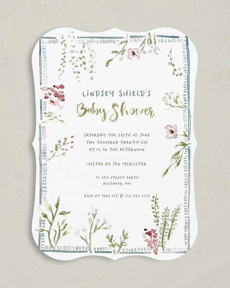 This is a 5" x 7" Baby Shower Invitation called Picking New Petals printed in full color on Premium Smooth paper