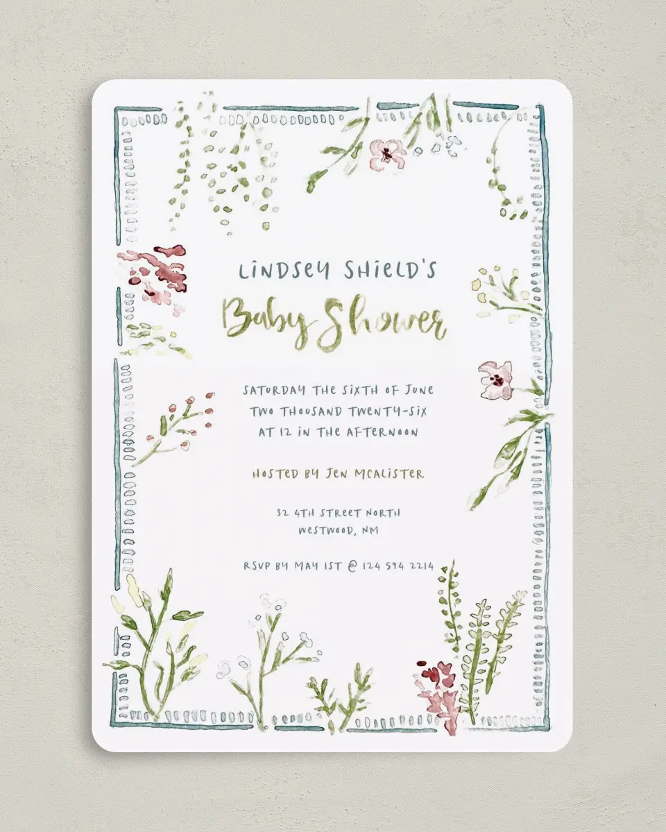 This is a 5" x 7" Baby Shower Invitation called Picking New Petals printed in full color on Premium Smooth paper