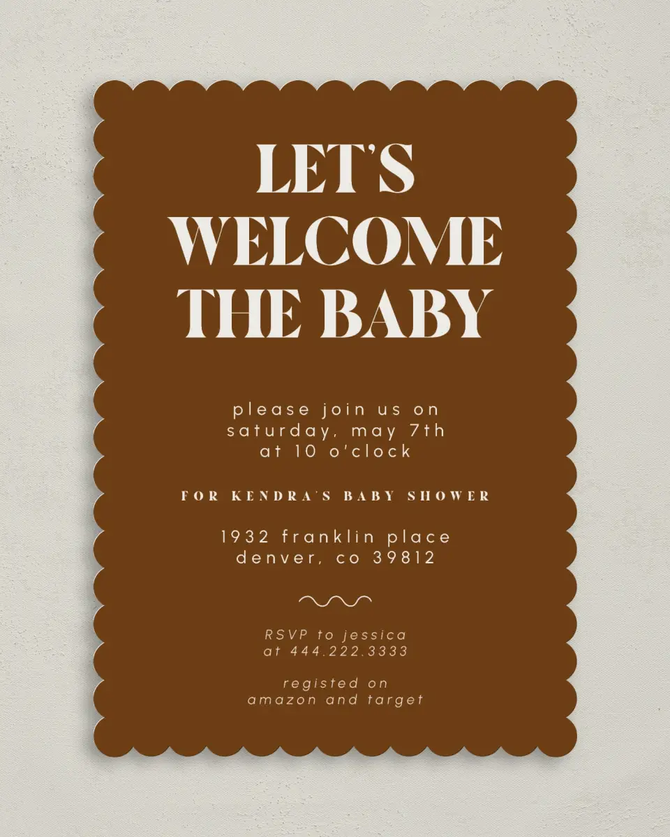 This is a 5" x 7" Baby Shower Invitation called Wonderful Welcome printed in full color on Premium Smooth paper
