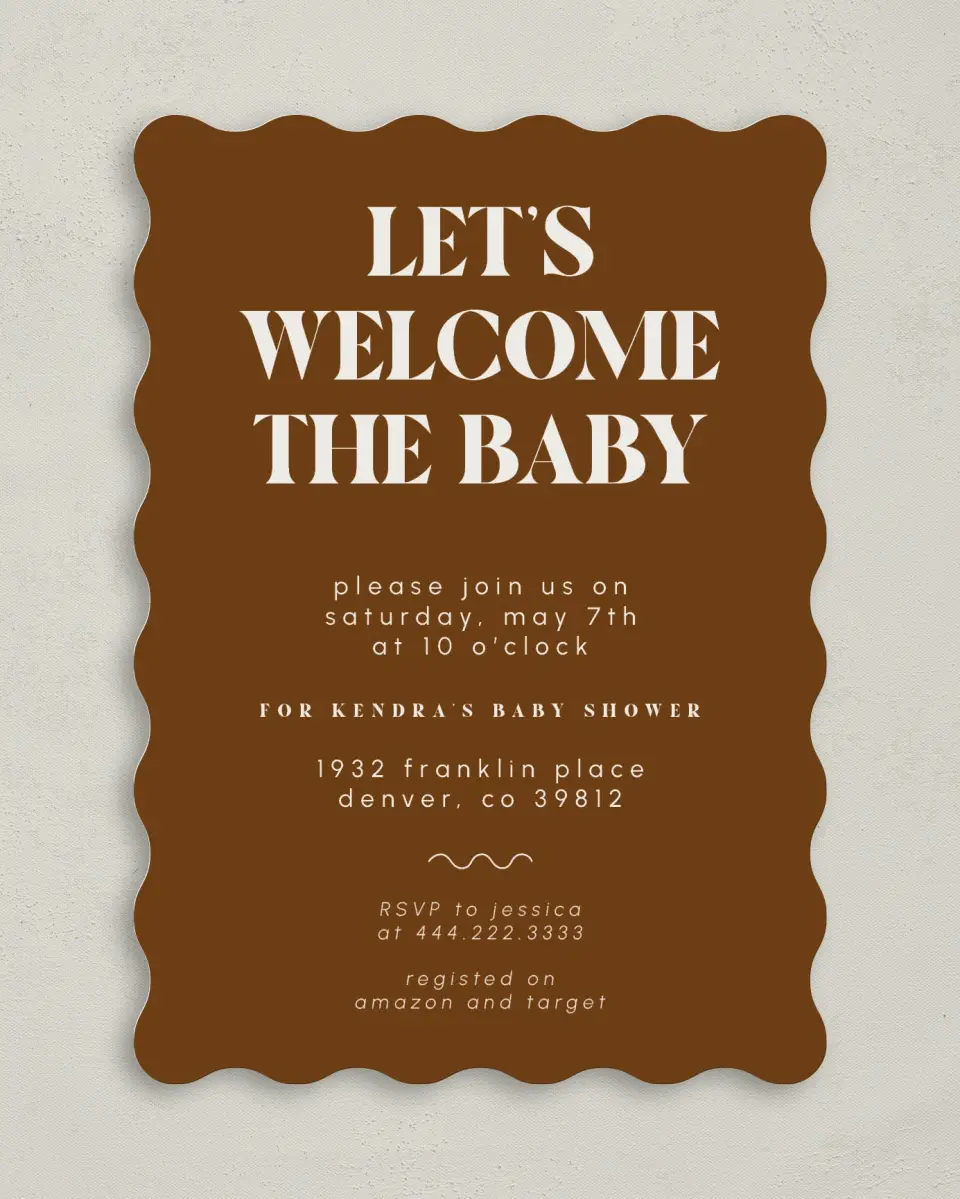 This is a 5" x 7" Baby Shower Invitation called Wonderful Welcome printed in full color on Premium Smooth paper