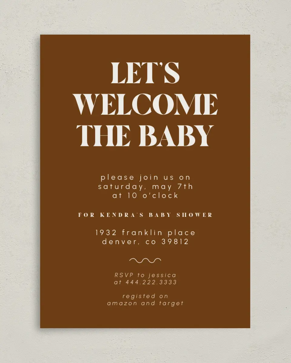 This is a 5" x 7" Baby Shower Invitation called Wonderful Welcome printed in full color on Premium Smooth paper