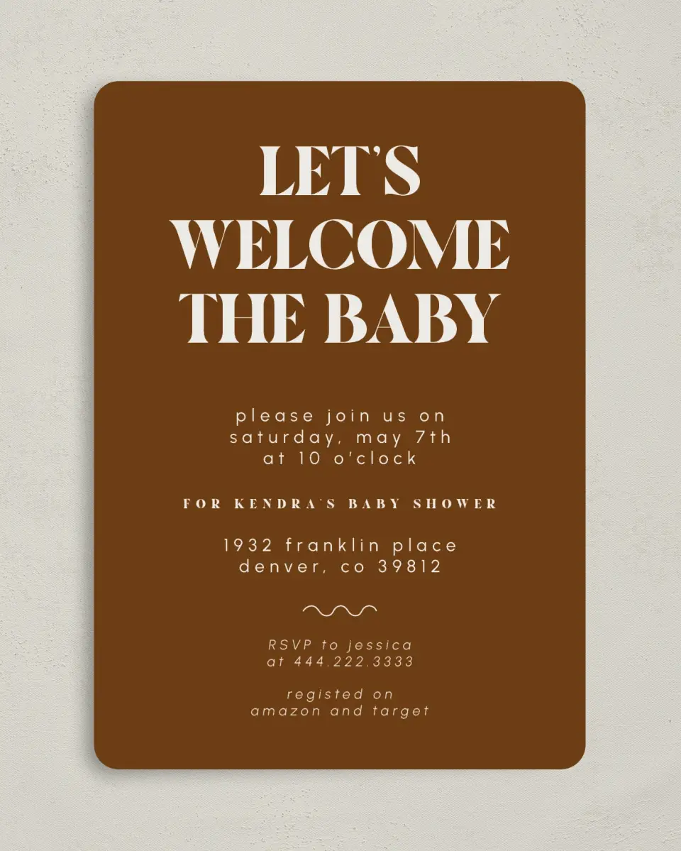 This is a 5" x 7" Baby Shower Invitation called Wonderful Welcome printed in full color on Premium Smooth paper