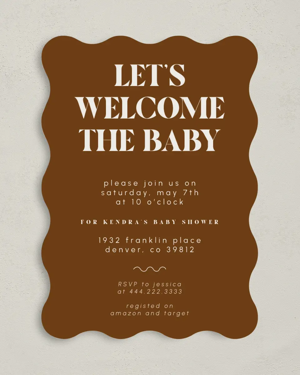 This is a 5" x 7" Baby Shower Invitation called Wonderful Welcome printed in full color on Premium Smooth paper