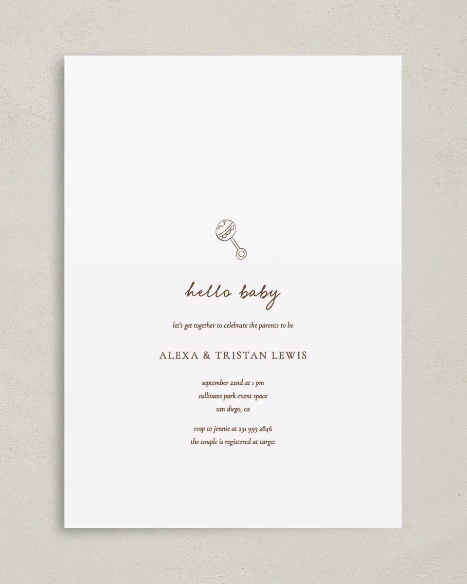 This is a 5" x 7" Baby Shower Invitation called Mini Me printed in full color on Premium Smooth paper