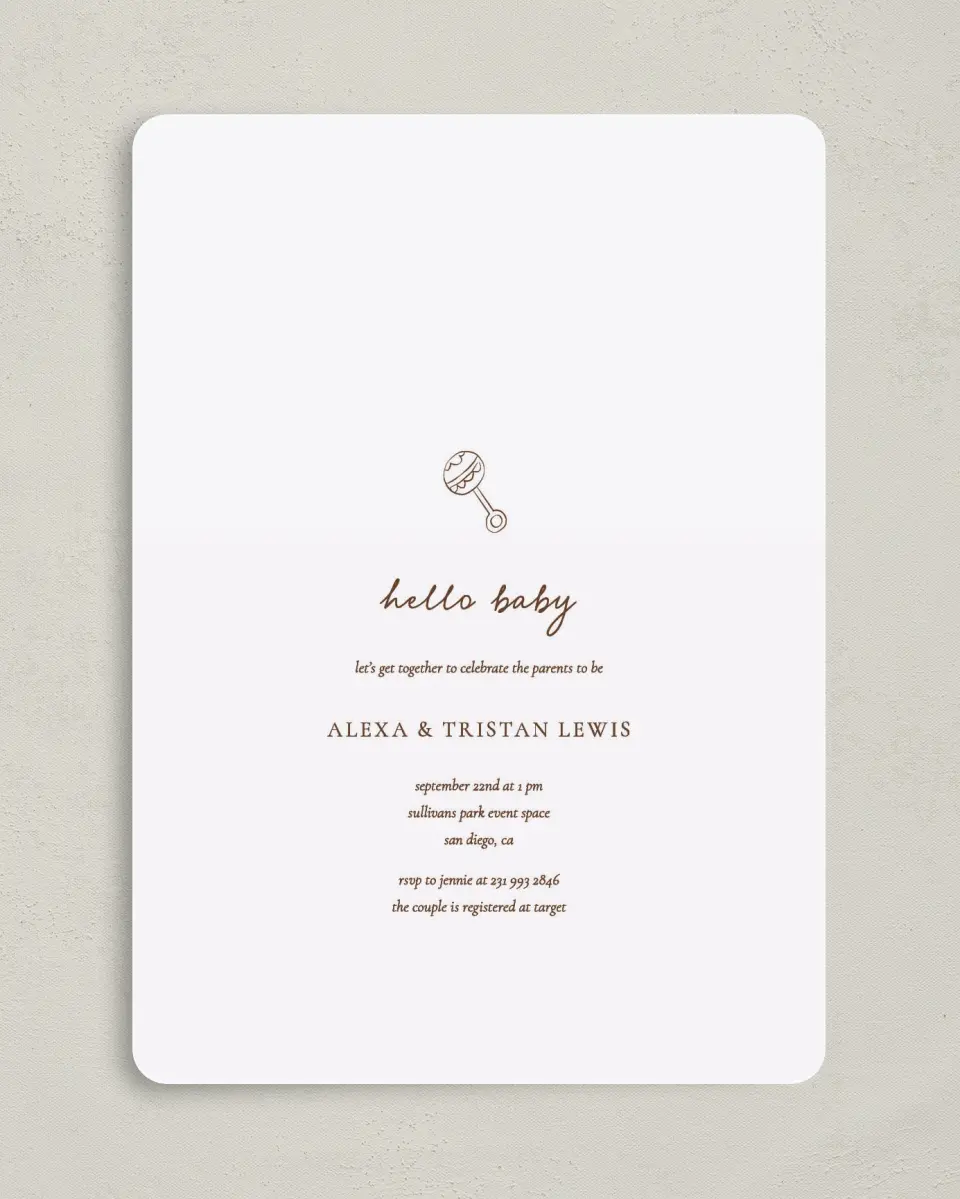 This is a 5" x 7" Baby Shower Invitation called Mini Me printed in full color on Premium Smooth paper