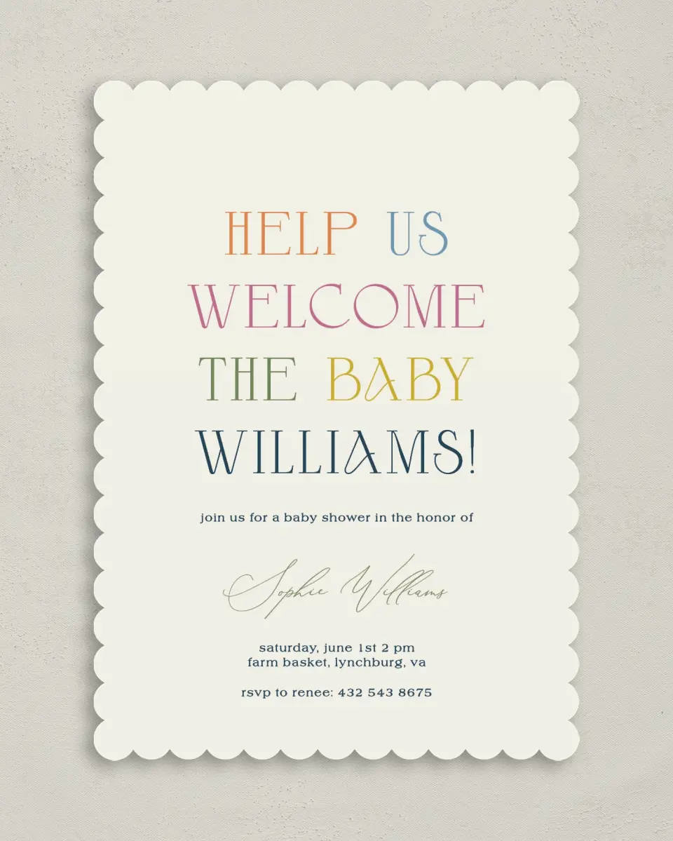 This is a 5" x 7" Baby Shower Invitation called Warm Welcome printed in full color on Premium Smooth paper