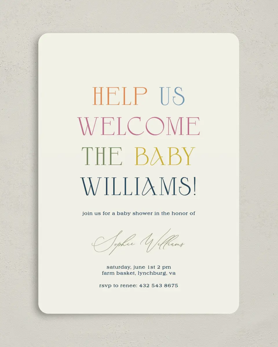 This is a 5" x 7" Baby Shower Invitation called Warm Welcome printed in full color on Premium Smooth paper